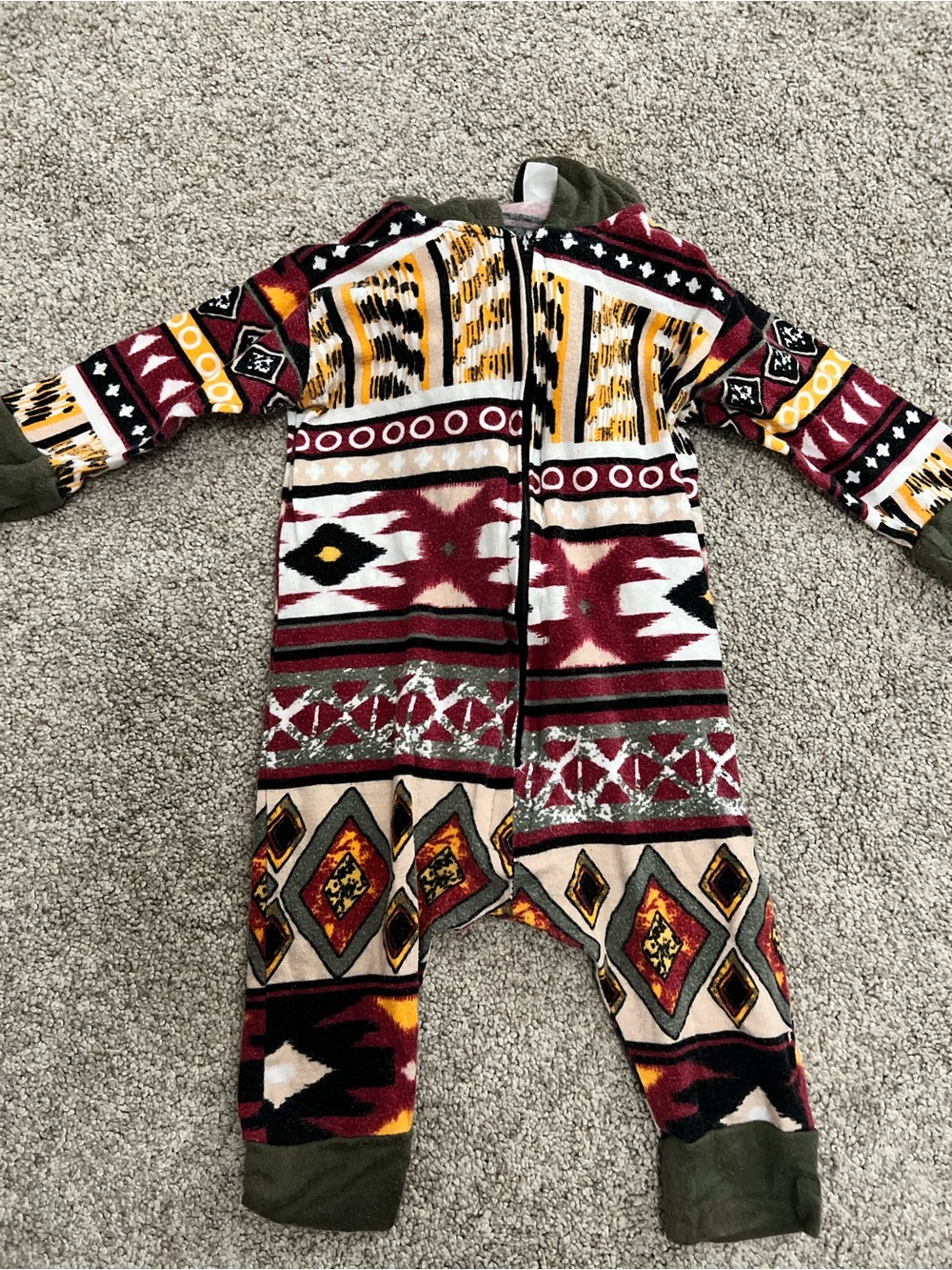 Little V Men Vintage Kids Aztec Print One-Piece in Burgundy & Olive Hood 0-6M